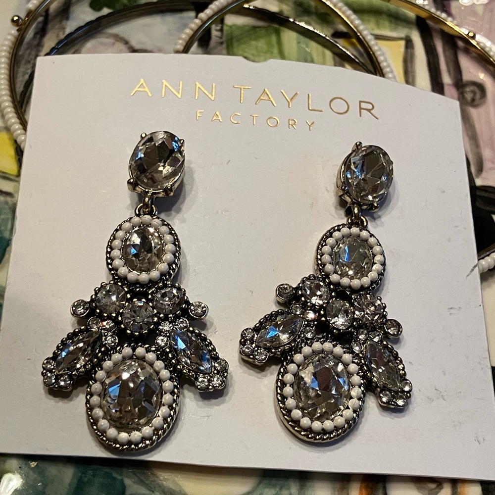 Ann Taylor Silver and White Crystal Drop Earrings and Three Matching Bangles - Picture 5 of 10